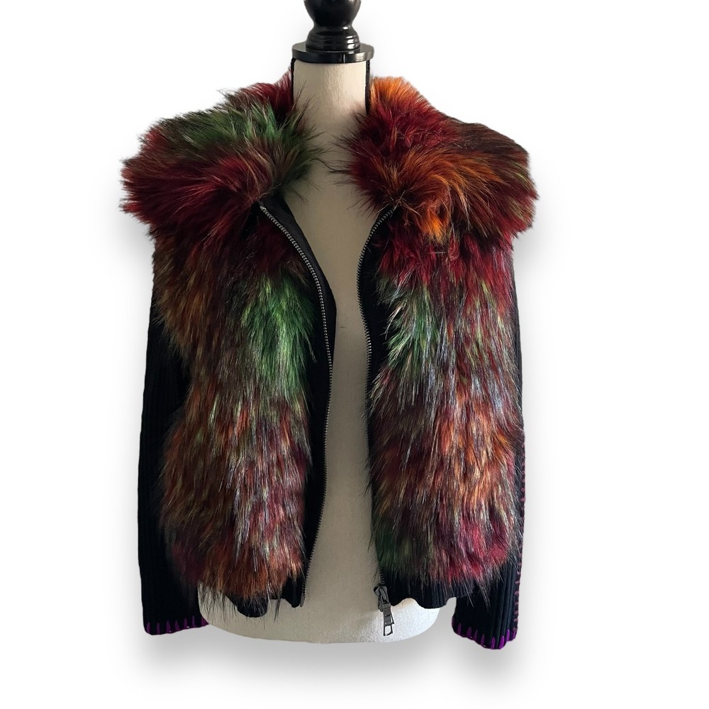Lisa Todd Black‎ Wool Knit Colorful Faux Fur Trim Jacket Womens Size S